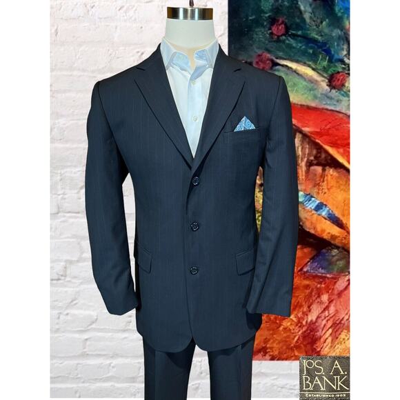 Jos A Bank 42L 36x30 Mens Navy Blue Pinstripe 2 Piece Suit Jacket Pants Set - Picture 5 of 16